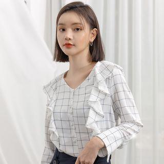 Ruffle-trim Graph-check Blouse