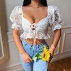 Puff Sleeve Floral Embroidered Tie-front Ruffled-hem Crop Top