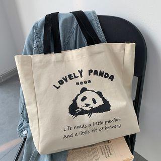 Print Canvas Tote Bag Shoulder Bag - Lovely Panda - Black & Khaki - One Size