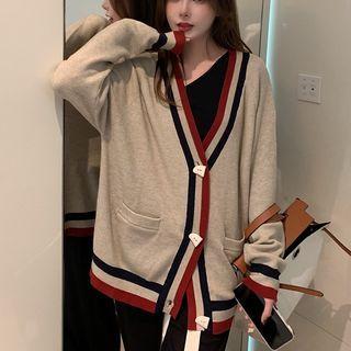 V-neck Contrast Trim Cardigan Khaki - One Size