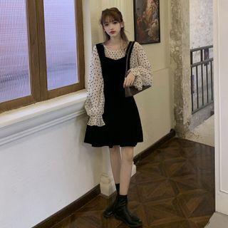 Bell-sleeve Dotted Blouse / Mini A-line Overall Dress