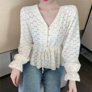 Bell-sleeve Peplum Lace Blouse