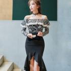 Set: Off-shoulder Lace Trim Long-sleeve Top + Ruffle Hem Pencil Skirt