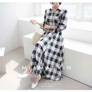 Pocket-front Plaid A-line Long Shirtdress