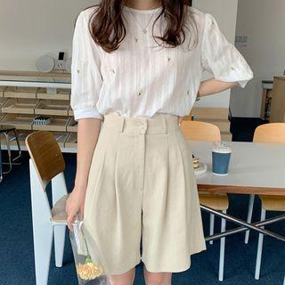 Elbow-sleeve Flower-embroidered Blouse Ivory - One Size