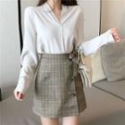 V-neck Blouse / Plaid A-line Mini Skirt