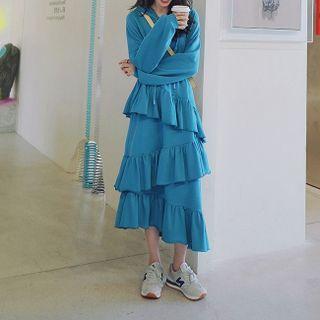 Long-sleeve Tiered Asymmetrical Midi A-line Dress