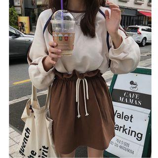 Contrast Trim Pullover / Drawstring A-line Skirt