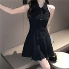 Halter Collar Mini A-line Dress / Long-sleeve Crop Top