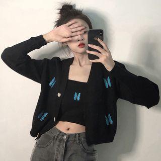 Butterfly Embroidered Cropped Cardigan / Camisole Top