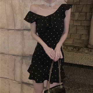 Frill Trim Asymmetric Shoulder Polka Dot Dress