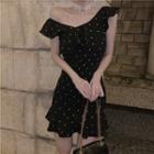 Frill Trim Asymmetric Shoulder Polka Dot Dress