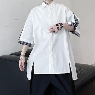 Short-sleeve Striped Panel Slit Shirt