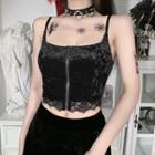Lace Trim Zip-up Velvet Camisole Top