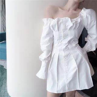 Off-shoulder Long-sleeve Mini A-line Dress White - One Size