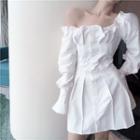 Off-shoulder Long-sleeve Mini A-line Dress White - One Size
