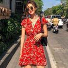 Cap-sleeve Floral Print Frill Trim Mini A-line Dress