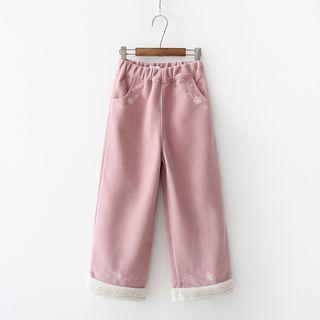 Faux Shearling Panel Floral Embroidered Wide-leg Pants