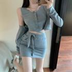 Set: Button-up Crop Tank Top + Mini Skirt + Zip-up Hooded Jacket