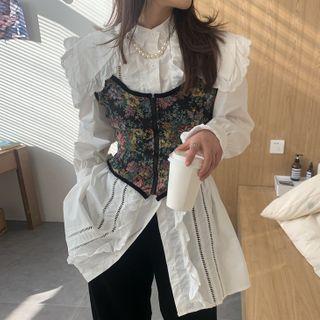 Ruffled Shirt / Floral Print Cropped Camisole Top