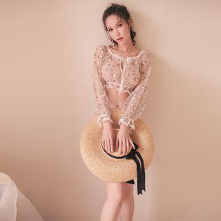 Long-sleeve Sheer Floral Embroidered Mesh Top White - One Size