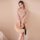 Long-sleeve Sheer Floral Embroidered Mesh Top White - One Size