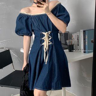 Puff-sleeve Lace-up Denim Mini A-line Dress