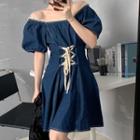 Puff-sleeve Lace-up Denim Mini A-line Dress