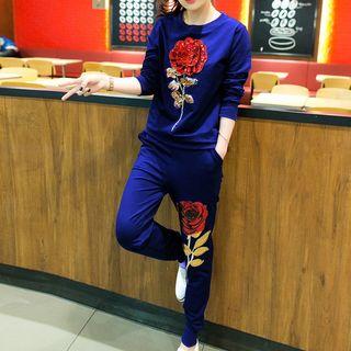 Set: Floral Embroidered Sequined Pullover + Jogger Pants