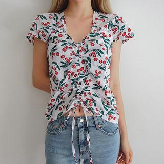Drawstring-front Cherry Print Top