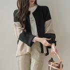 Open-front Contrast-panel Wool Blend Cardigan