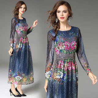 Patterned Shirred Lace Midi Dress