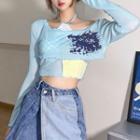 Set : Halter-neck Paneled Top +graphic Crop Top
