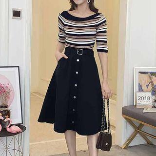 Set: Elbow-sleeve Striped Knit Top + A-line Midi Skirt