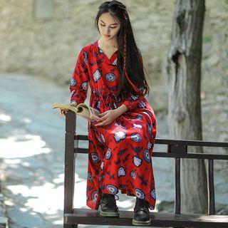 Patterned Long-sleeve Midi A-line Dress