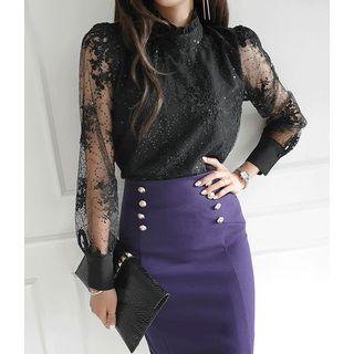 Frilled-neck Sheer-sleeve Lace Blouse