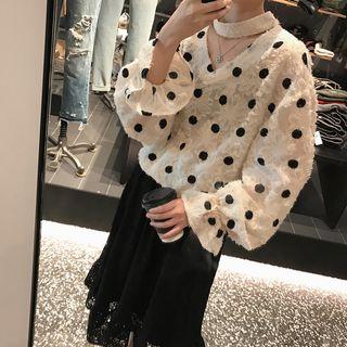 Long-sleeve Cut-out Collar Dotted Lace Top