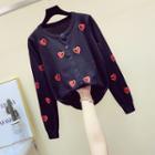 Heart Embroidered Round-neck Cardigan