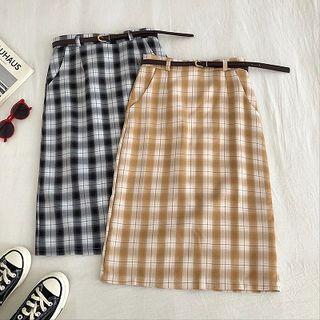 Color-block Check High-waist Skirt