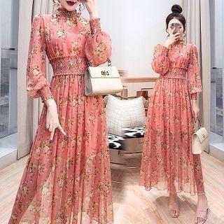 Set: Floral Print Long-sleeve Maxi A-line Dress + Camisole