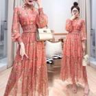 Set: Floral Print Long-sleeve Maxi A-line Dress + Camisole