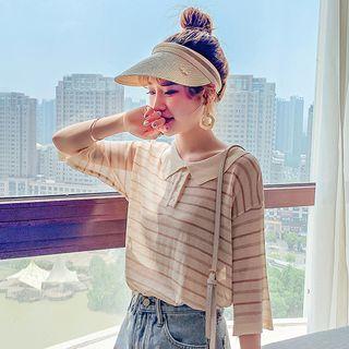 3/4-sleeve Striped Knit Polo Shirt
