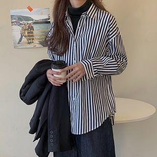 Long-sleeve Striped Shirt Dark Blue - One Size