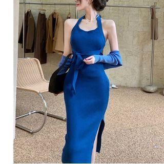 Halter-neck Ribbed Midi Knit Dress / Cardigan