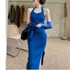 Halter-neck Ribbed Midi Knit Dress / Cardigan