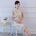 Lace Panel Short-sleeve Stand-collar Dress