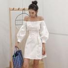 Off-shoulder Puff-sleeve Slim-fit Dress White - One Size