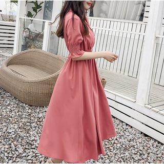 Plain Elbow Sleeve Chiffon Collared Midi Dress