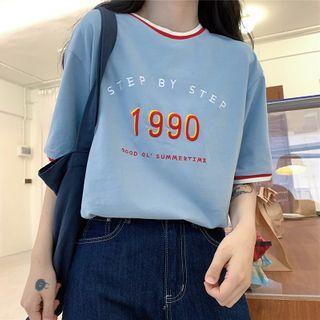 Elbow-sleeve Contrast Trim Numbering T-shirt