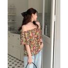 Short-sleeve Off-shoulder Floral Blouse Red & Yellow & Purple - One Size